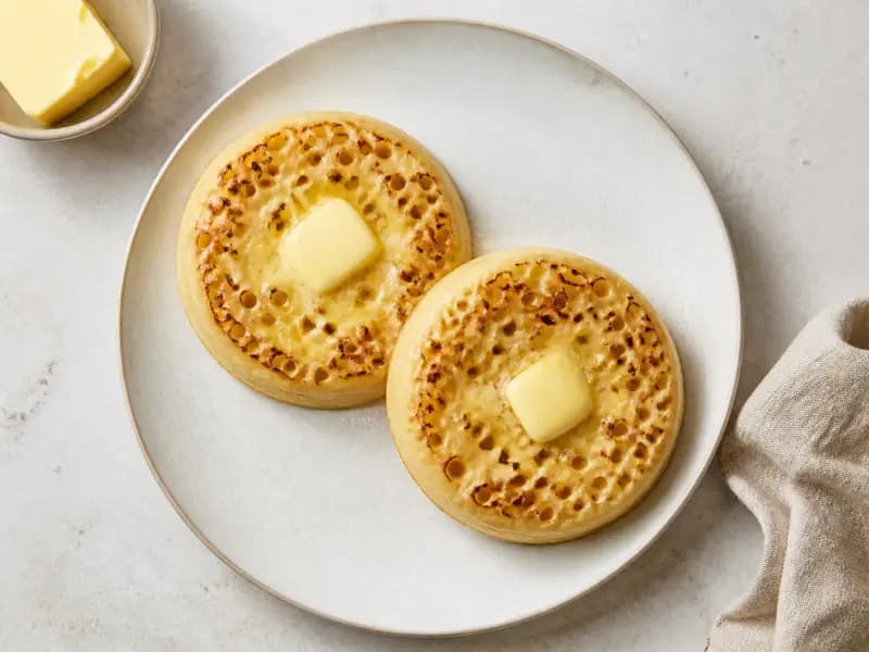 Crumpets — shot from directly overhead: a wet yeasted batter cooked in rings on a low griddle