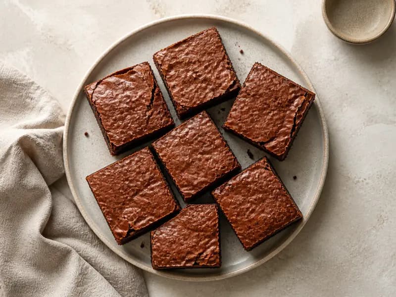Dark Chocolate Brownies — shot from directly overhead: fudgy brownies built on melted dark chocolate and eggs whisked to a foam