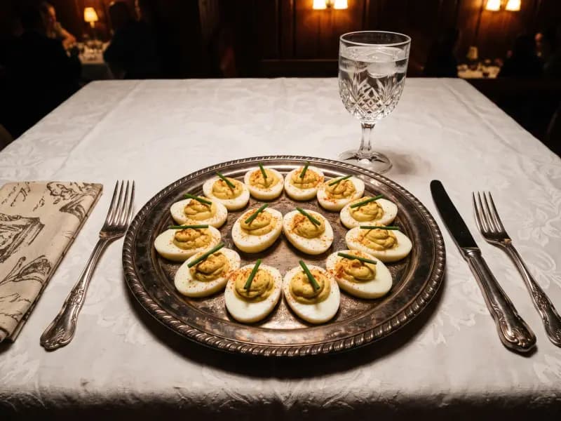Devilled Eggs — shot from directly overhead: hard-boiled yolks beaten with mustard