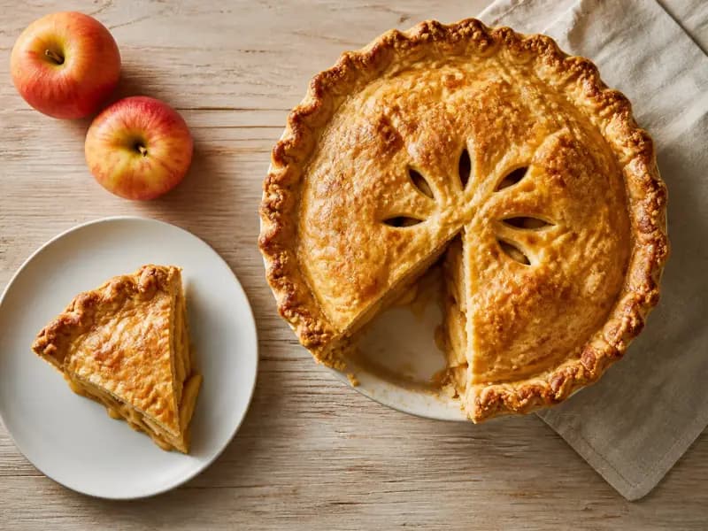 Double-Crust Apple Pie — shot from directly overhead: two kinds of apple under a vented pastry lid