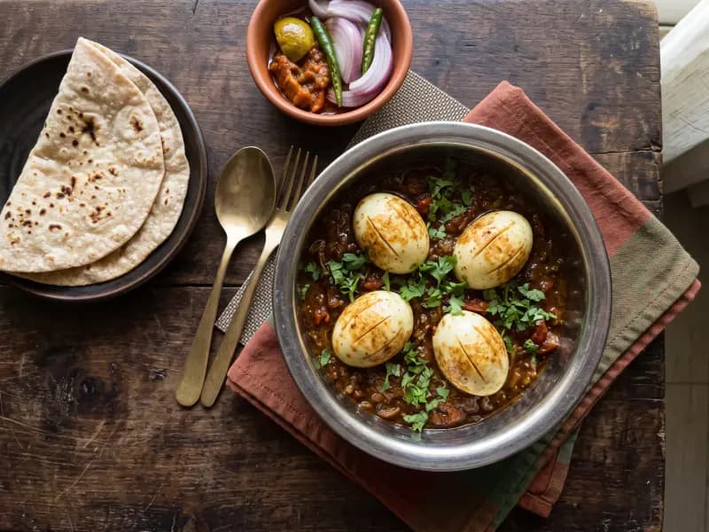 Egg Curry — shot from directly overhead: hard-boiled eggs