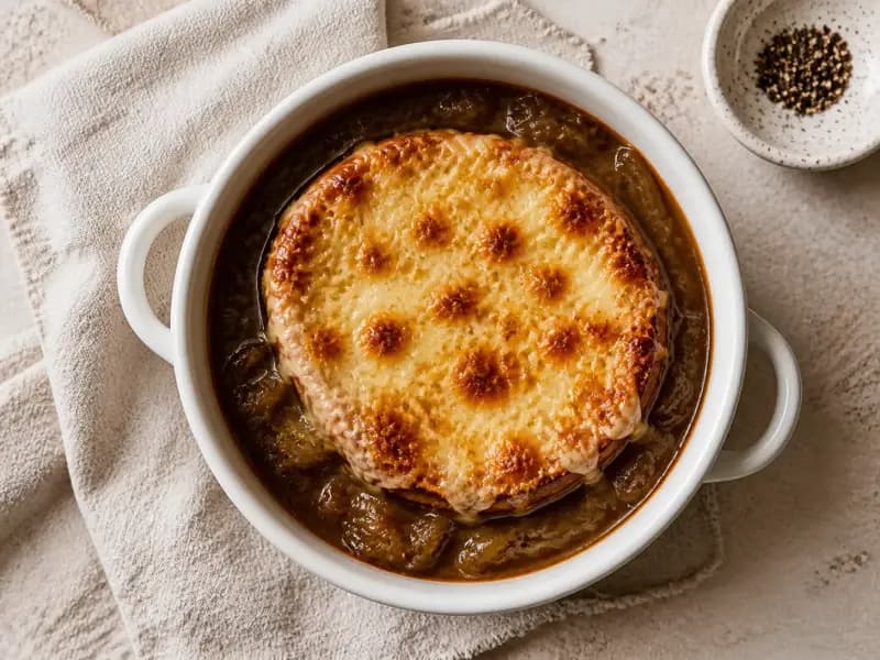 French Onion Soup — shot from directly overhead: onions cooked down for an hour until they are jammy and dark