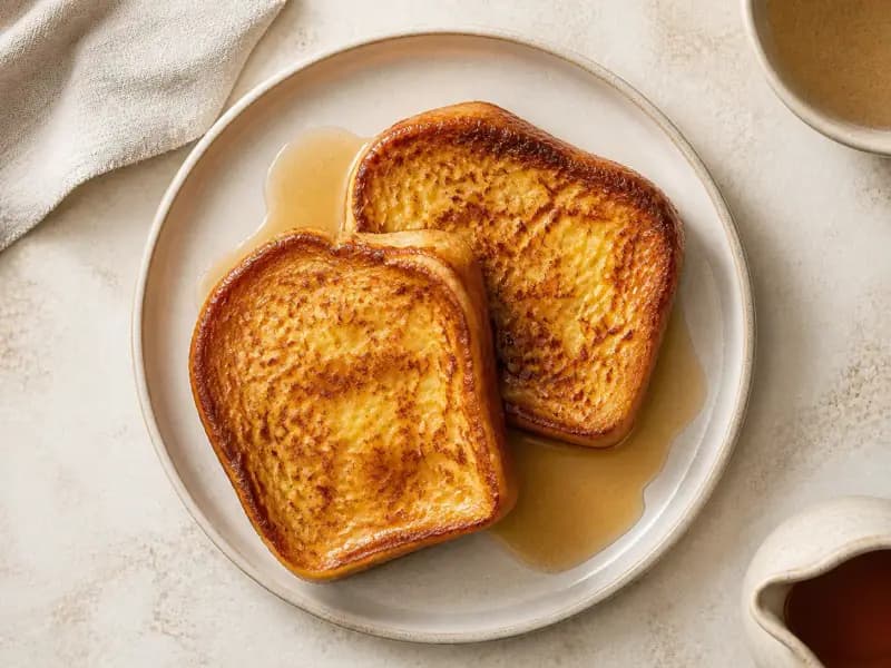 French Toast — shot from directly overhead: thick slices of stale bread soaked in an egg and milk custard