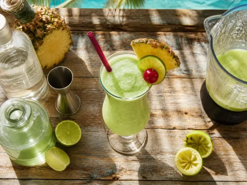 Frozen Melon Colada — shot from directly overhead, the table surface filling the frame