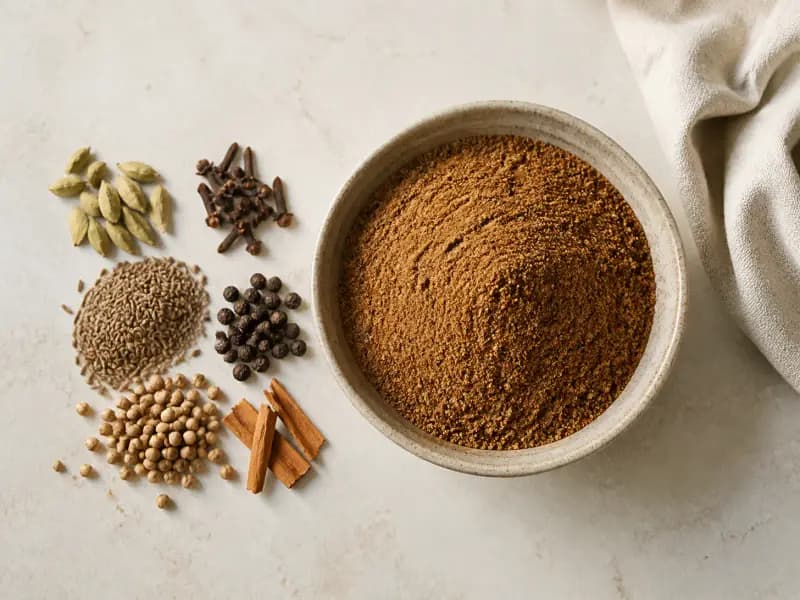Garam Masala — shot from directly overhead: whole spices toasted one kind at a time