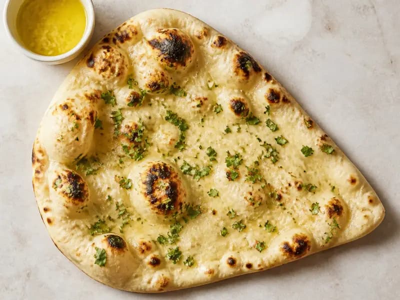 Garlic Naan — shot from directly overhead, the table surface filling the frame