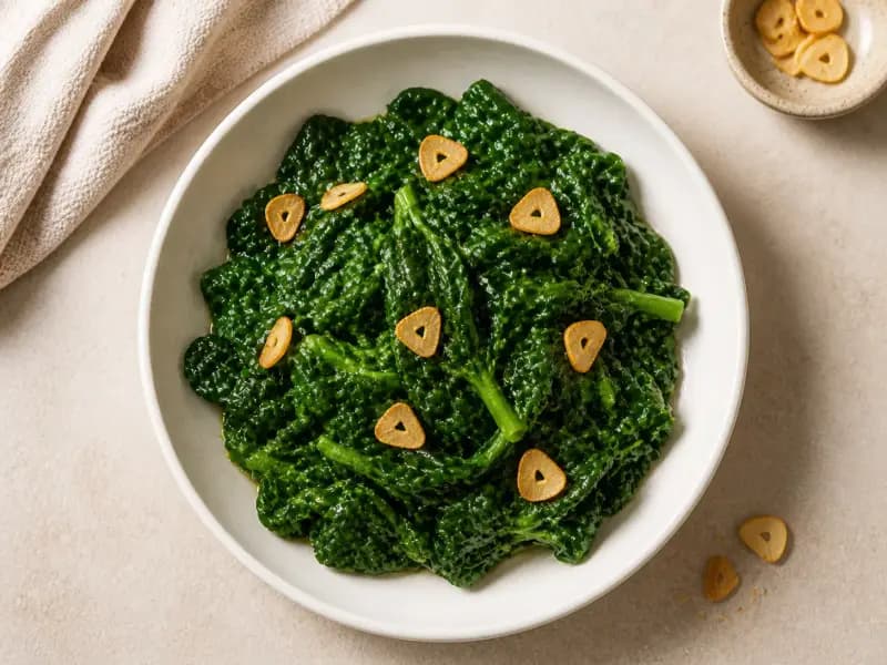 Garlicky Greens — shot from directly overhead: greens wilted in garlic oil in a single wide pan