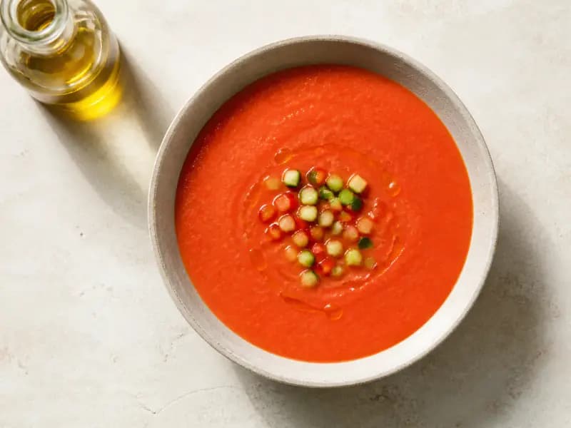 Gazpacho — shot from directly overhead: a chilled Andalusian soup of raw tomatoes