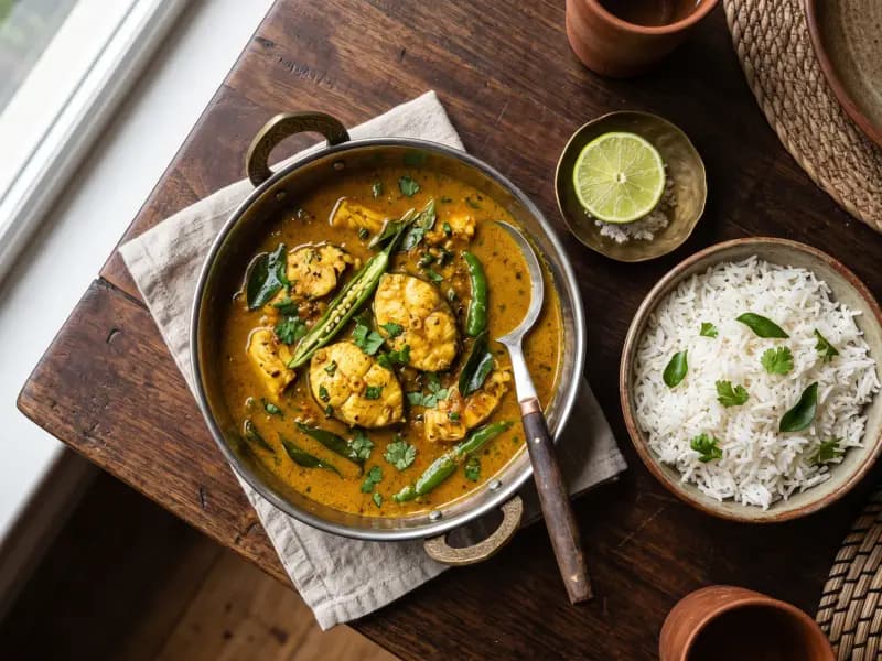 Goan Fish Curry — shot from directly overhead: white fish poached in a coconut and tamarind sauce ground from whole spices