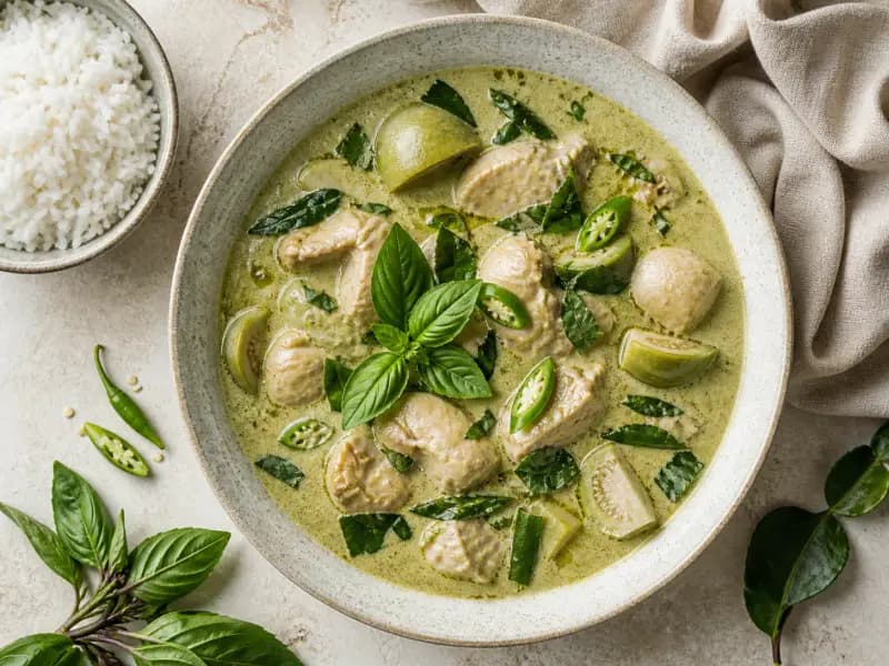 Green Curry with Chicken and Thai Basil — shot from directly overhead: cracking the coconut cream before the paste goes in is the step most recipes skip