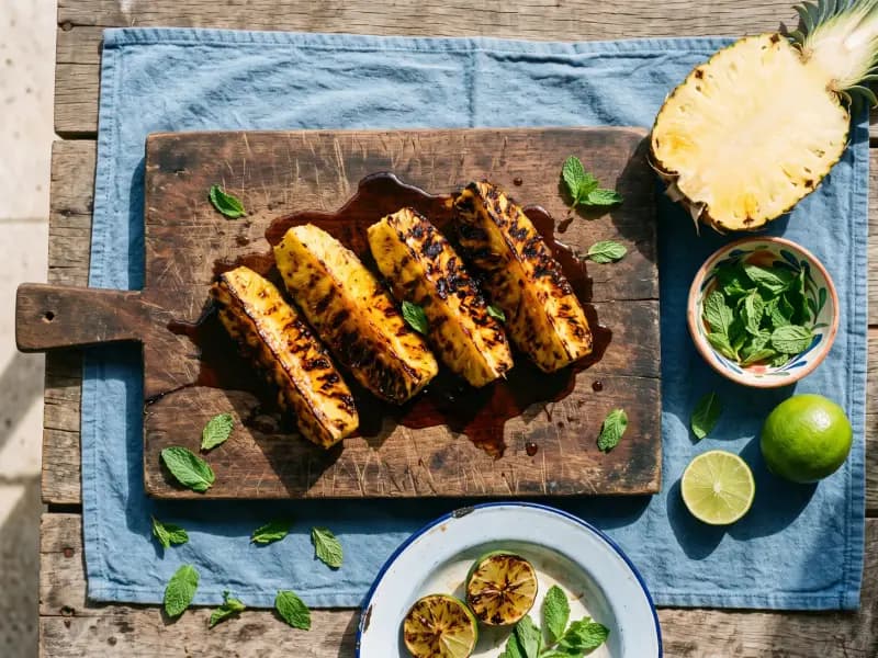 Grilled Pineapple with Rum Syrup — shot from directly overhead: pineapple wedges charred over high heat and spooned with a dark rum
