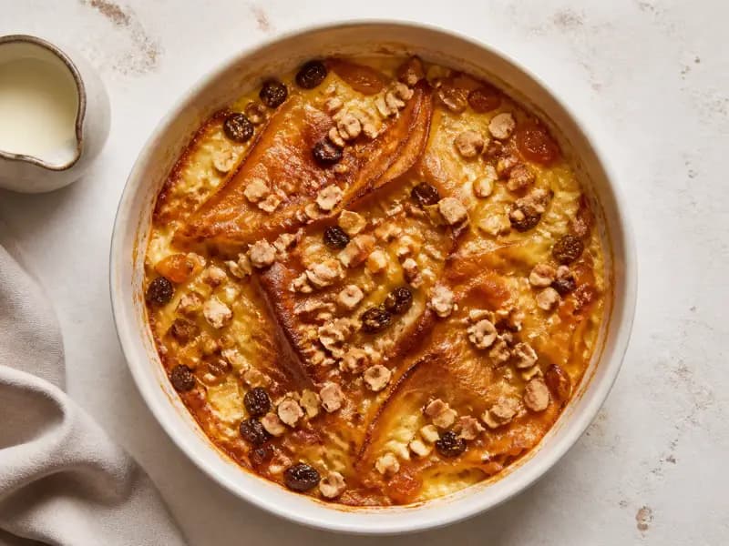 Guryev Kasha — shot from directly overhead: semolina baked in layers between the skins lifted from scalded cream