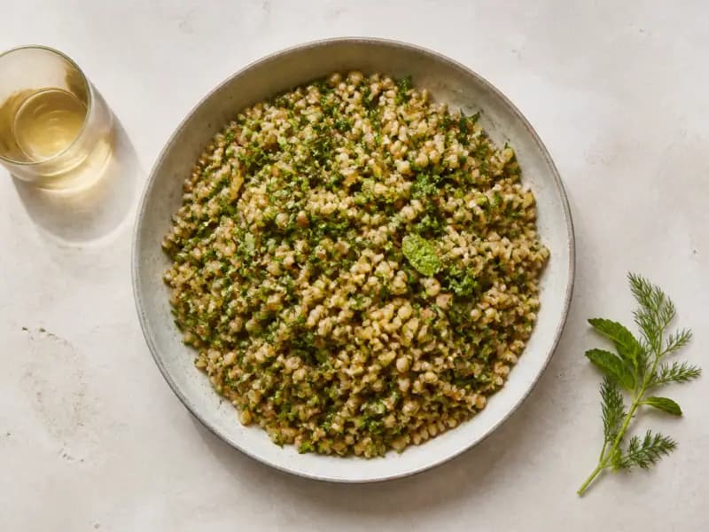 Herbed Farro Salad — shot from directly overhead: farro boiled loose in salted water like pasta