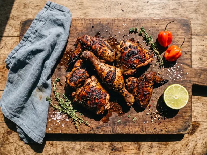 Jerk Chicken — shot from directly overhead: chicken marinated overnight in scotch bonnet