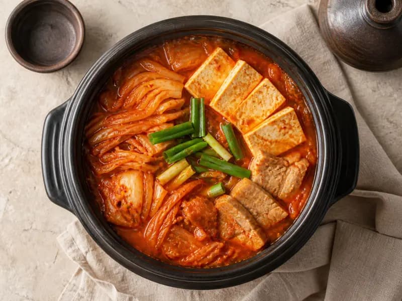 Kimchi Jjigae — shot from directly overhead: the stew that exists because kimchi got too sour to eat straight
