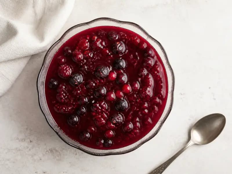 Kissel — shot from directly overhead: fruit cooked with sugar and thickened with potato starch