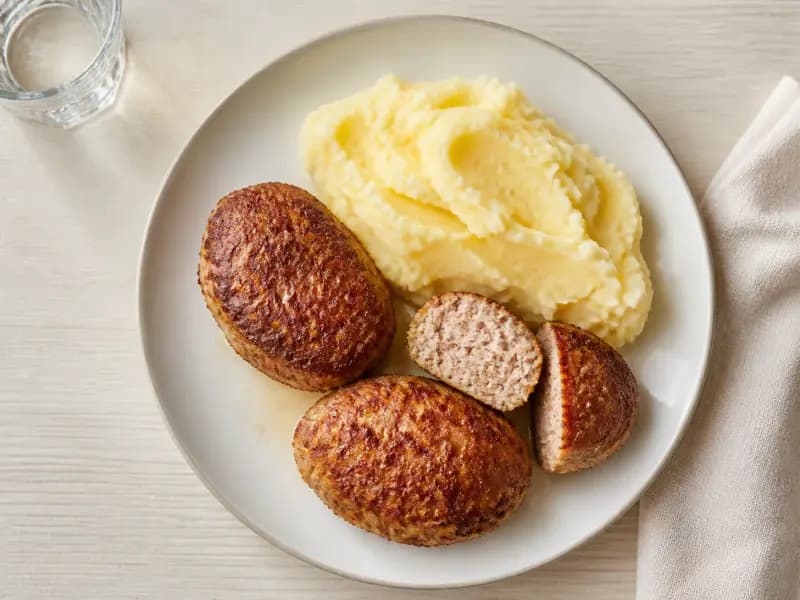 Kotlety — shot from directly overhead: everyday Soviet-era mince patties bound with milk-soaked bread