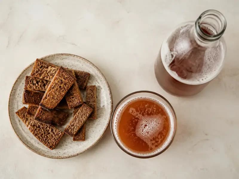 Kvass — shot from directly overhead: a lightly fermented drink made from dried dark rye bread