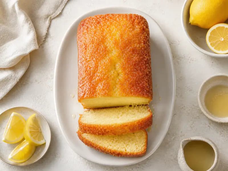 Lemon Drizzle Loaf Cake — shot from directly overhead: a creamed-method lemon loaf finished with a granular sugar and juice drizzle poured on hot