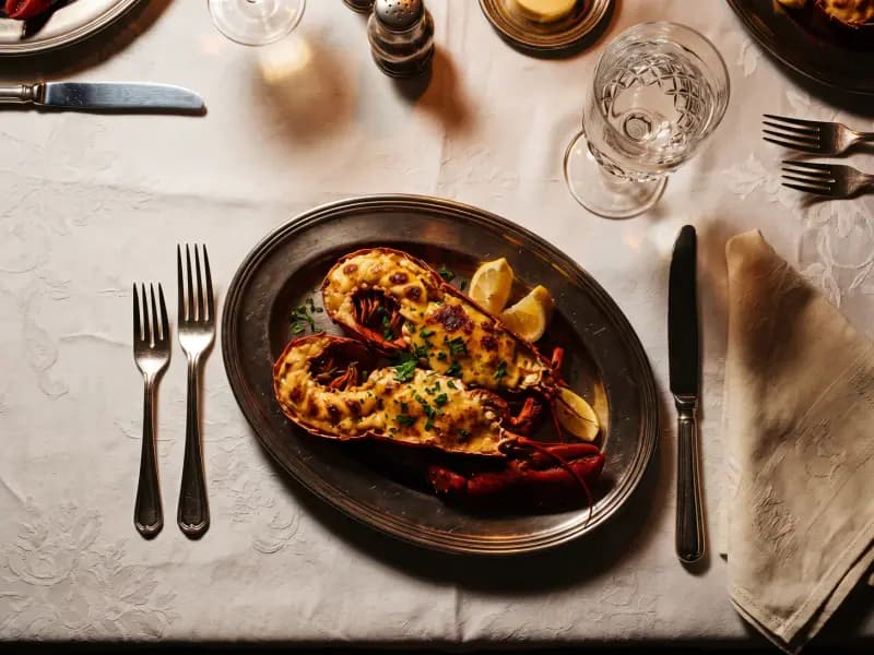 Lobster Thermidor — shot from directly overhead: lobster meat returned to its shell in a mustard and brandy cream sauce