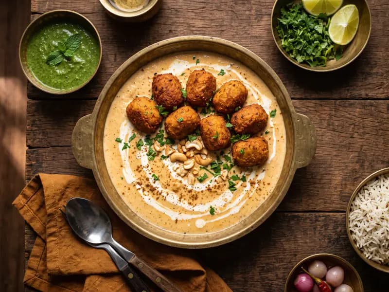 Malai Kofta — shot from directly overhead: potato and paneer dumplings fried until crisp