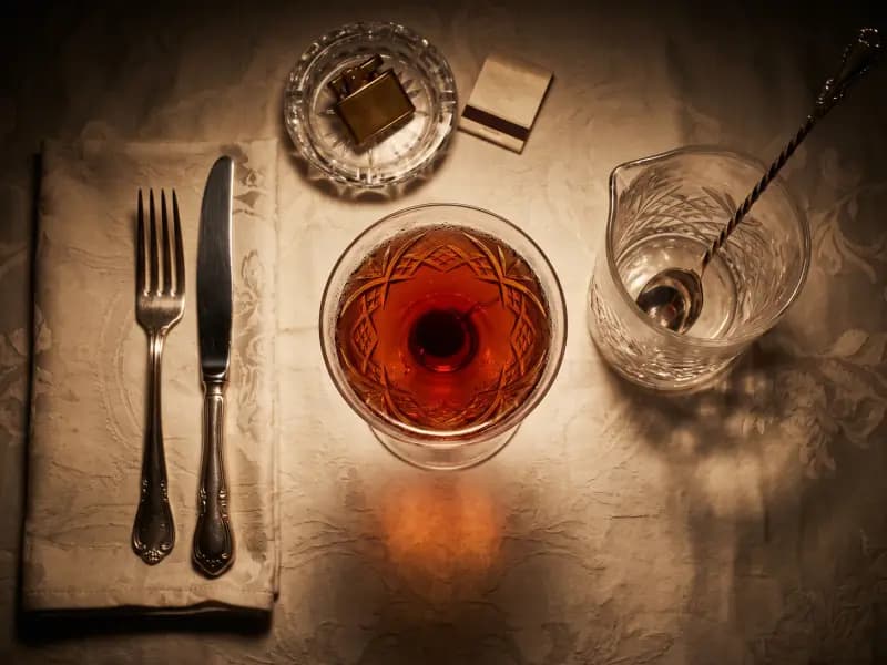 Manhattan — shot from directly overhead, the table surface filling the frame