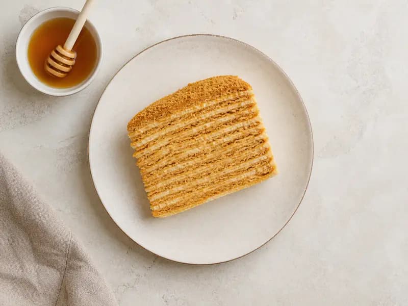 Medovik — shot from directly overhead: honey layer cake of thin baked discs