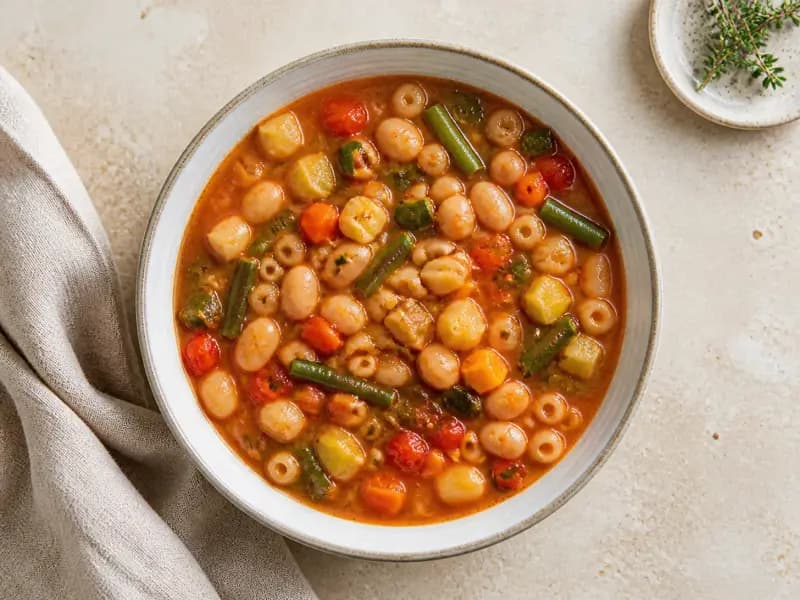 Minestrone — shot from directly overhead: a chunky vegetable soup built on a slow soffritto
