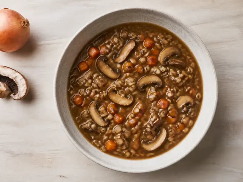 Mushroom and Barley Soup — shot from directly overhead: dried mushrooms soaked and their soaking liquor used as the stock