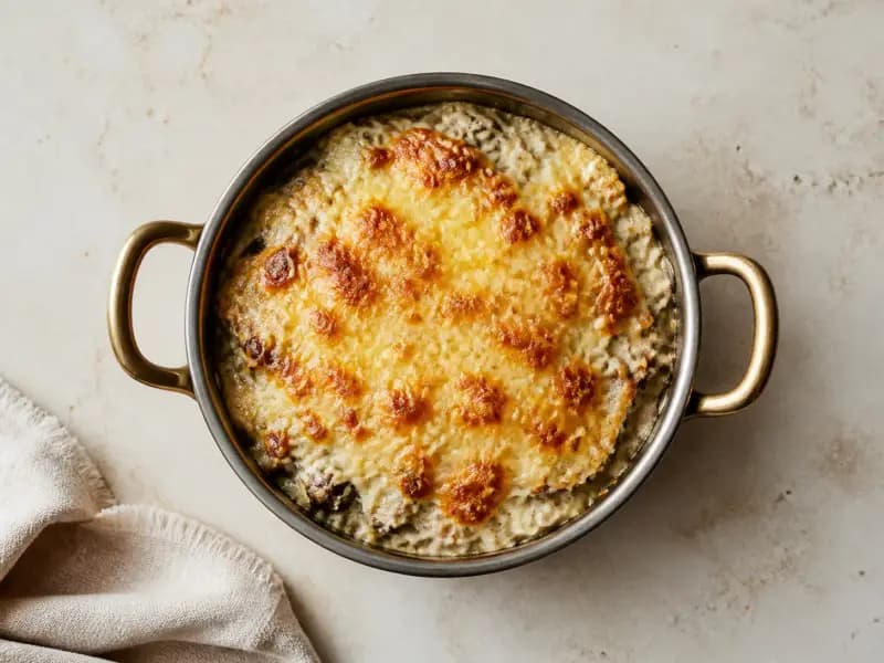 Mushroom Julienne — shot from directly overhead: mushrooms baked in a bechamel-style sauce under grated cheese