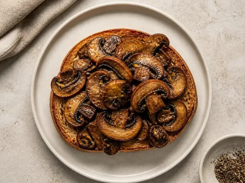 Mushrooms on Toast — shot from directly overhead: mushrooms seared hard in a wide pan until they brown