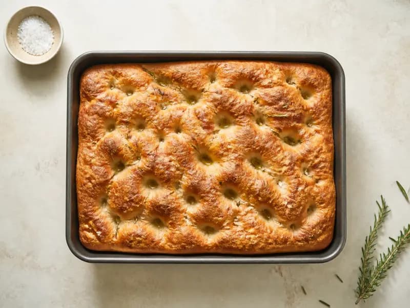 No-Knead Sourdough Focaccia — shot from directly overhead: a slow sourdough focaccia fermented overnight in the fridge