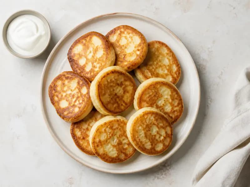 Oladyi — shot from directly overhead: small thick pancakes raised with kefir and bicarbonate of soda