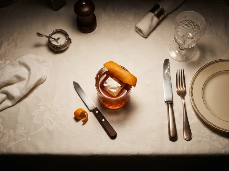 Old Fashioned — shot from directly overhead, the table surface filling the frame