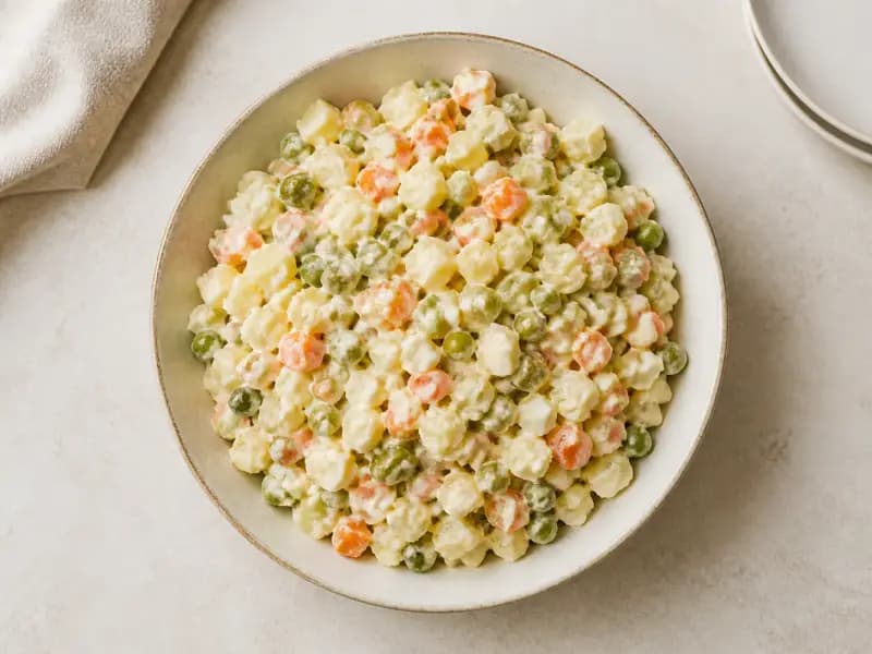 Olivier Salad — shot from directly overhead, the table surface filling the frame