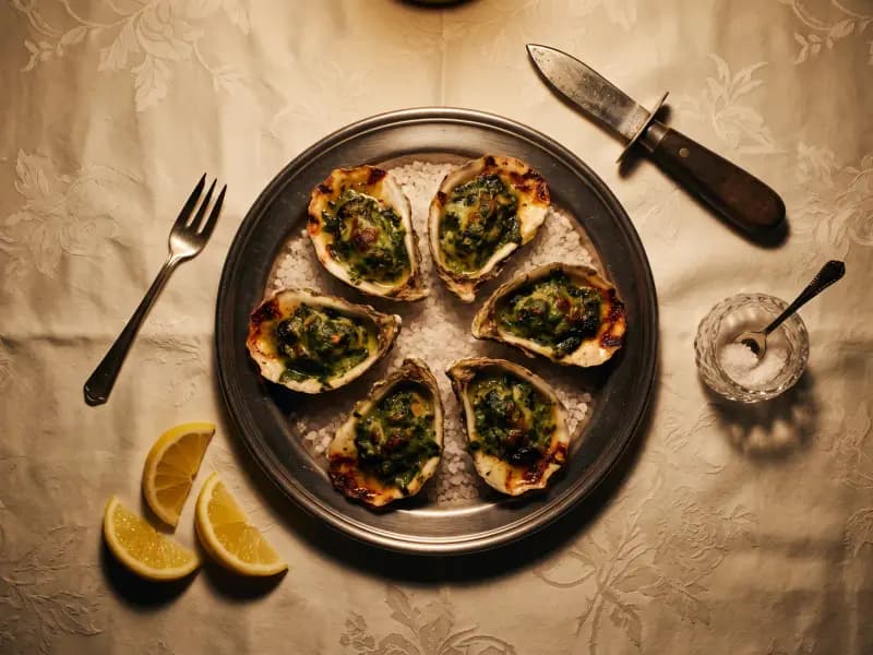 Oysters Rockefeller — shot from directly overhead: oysters on the half shell under a green butter of herbs and greens