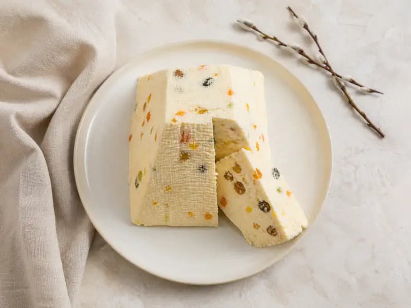 Paskha — shot from directly overhead: sweetened curd cheese beaten with butter