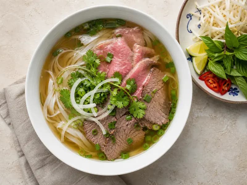 Pho Bo — shot from directly overhead, the table surface filling the frame
