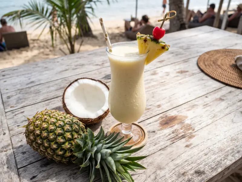 Piña Colada — shot from directly overhead, the table surface filling the frame
