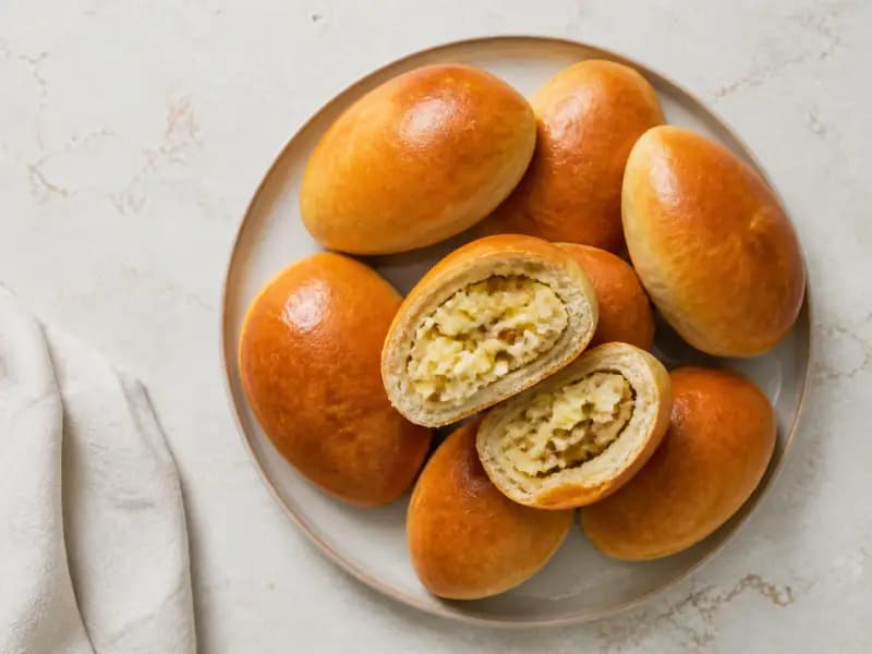 Pirozhki — shot from directly overhead: small yeasted buns filled with cabbage and egg