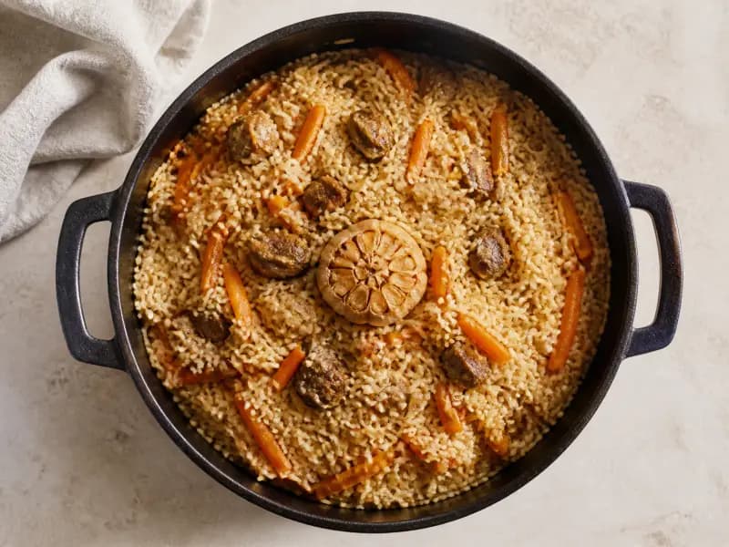 Plov — shot from directly overhead: rice steamed over lamb