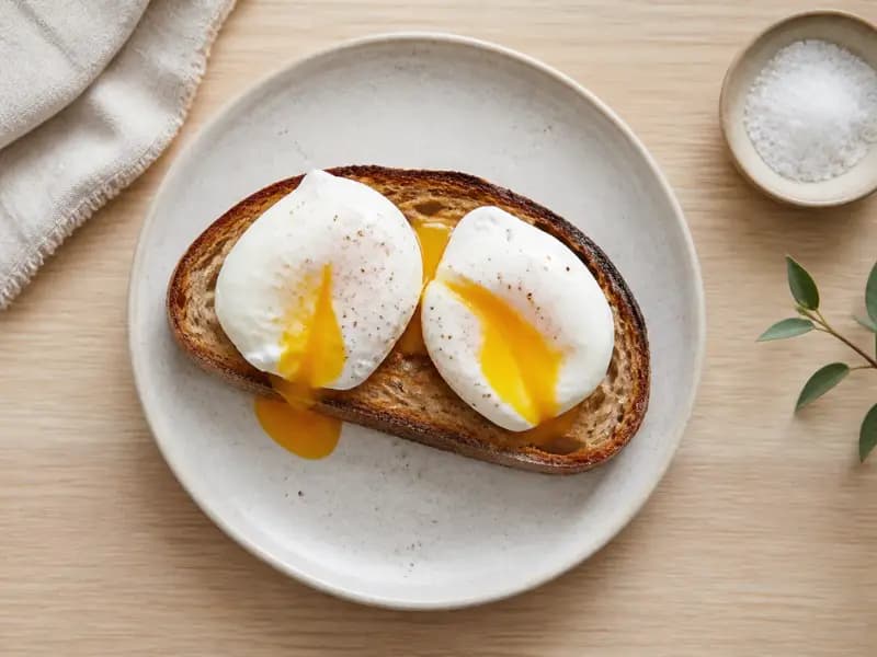 Poached Eggs — shot from directly overhead: eggs slid into barely moving water