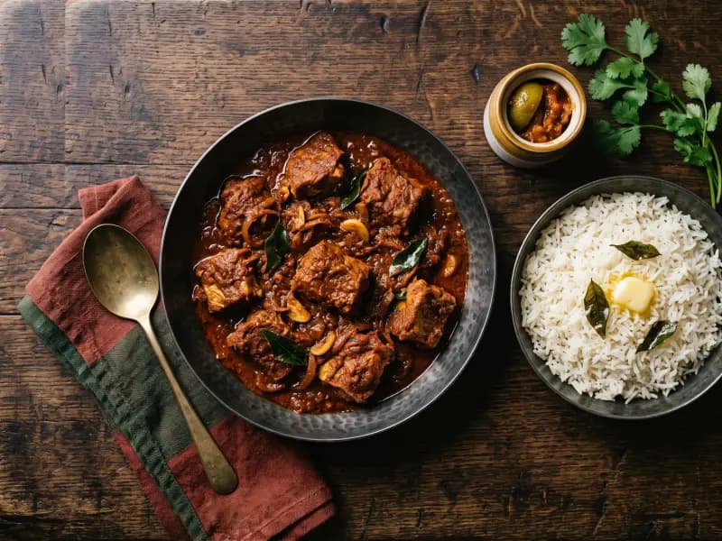 Pork Vindaloo — shot from directly overhead: pork marinated in vinegar