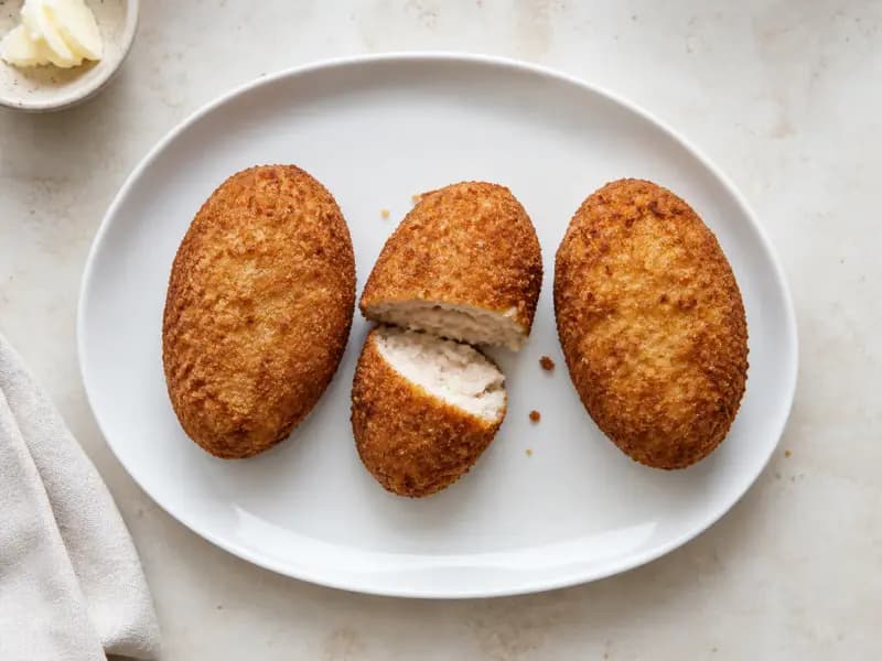 Pozharsky Cutlets — shot from directly overhead: breaded minced-chicken cutlets enriched with butter and cream-soaked bread