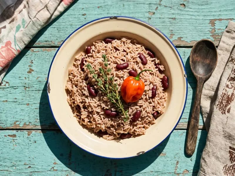 Rice and Peas — shot from directly overhead: rice cooked in coconut milk with kidney beans
