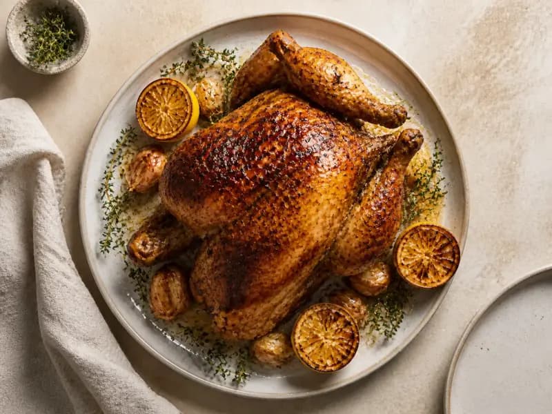 Roast Chicken with Lemon and Thyme — shot from directly overhead: a whole chicken salted and left uncovered in the fridge before roasting hot then moderate