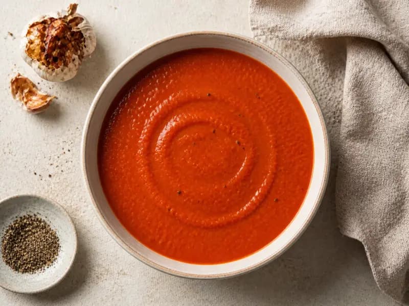 Roast Tomato Soup — shot from directly overhead: tomatoes roasted hard with garlic until the edges blacken