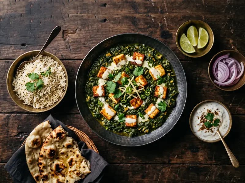 Saag Paneer — shot from directly overhead: spinach cooked down to a dark