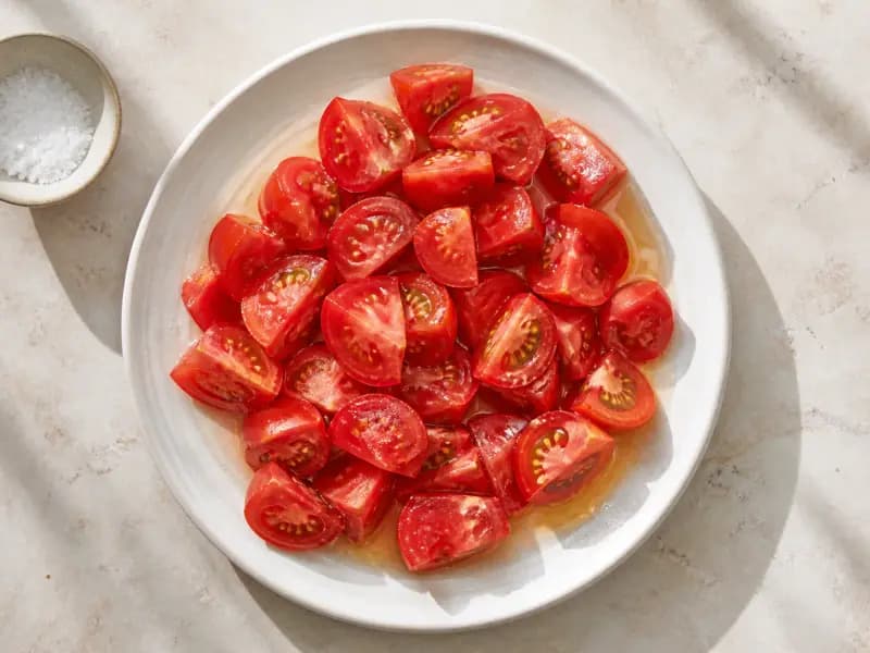Salted Tomato Salad — shot from directly overhead: ripe tomatoes salted twenty minutes ahead
