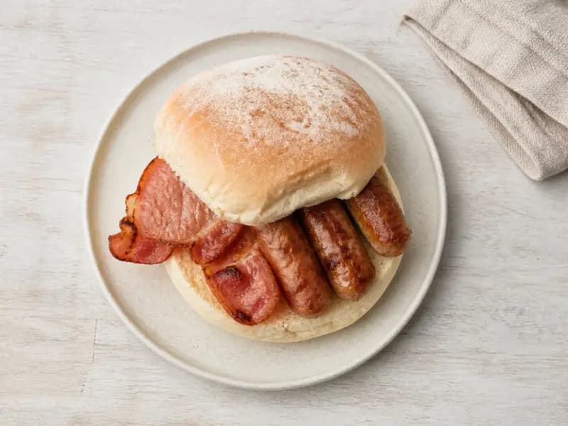 Sausage and Bacon Breakfast Bap — shot from directly overhead: sausages cooked slowly from a cold pan